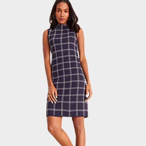 ANN TAYLOR Women's Plaid Mock Neck Sweater Dress In Navy Blue Size SP - Picture 1 of 10